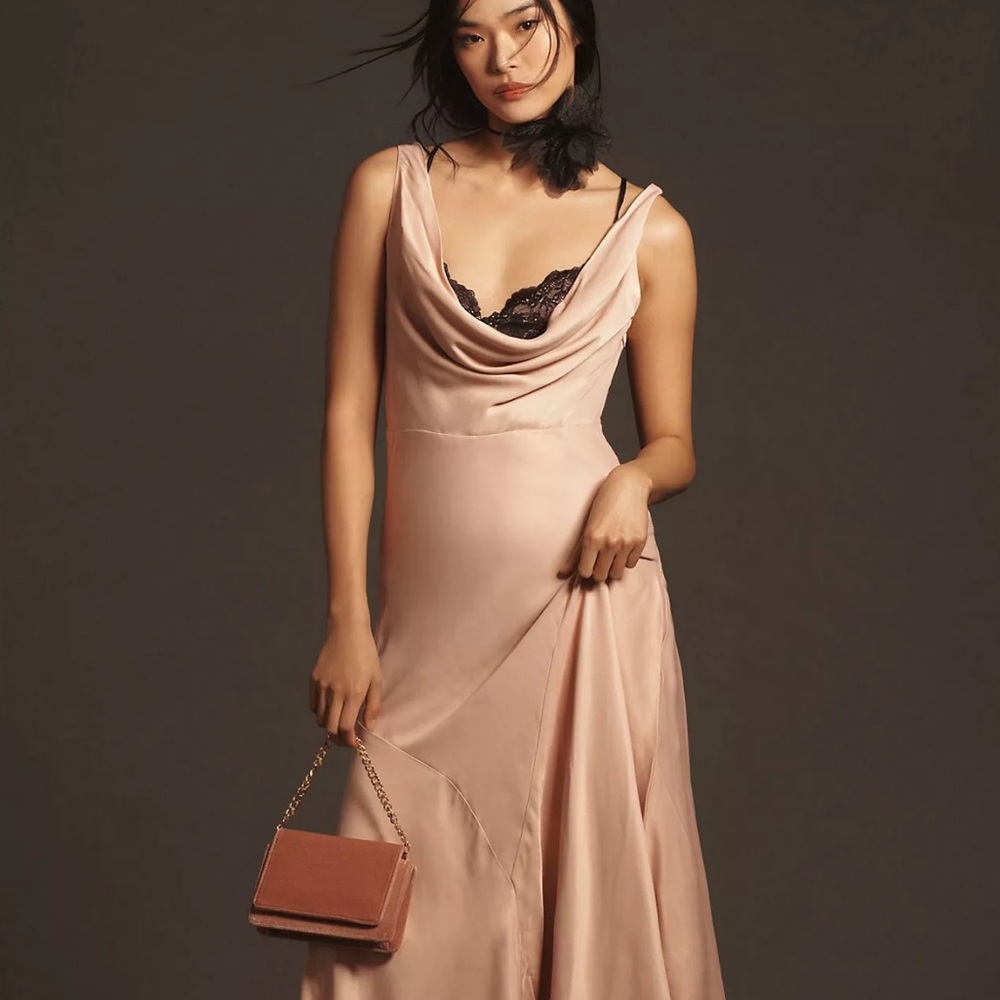 Anthropologie twofer pink gown draped bust slip dress lace asymmetric skirt S